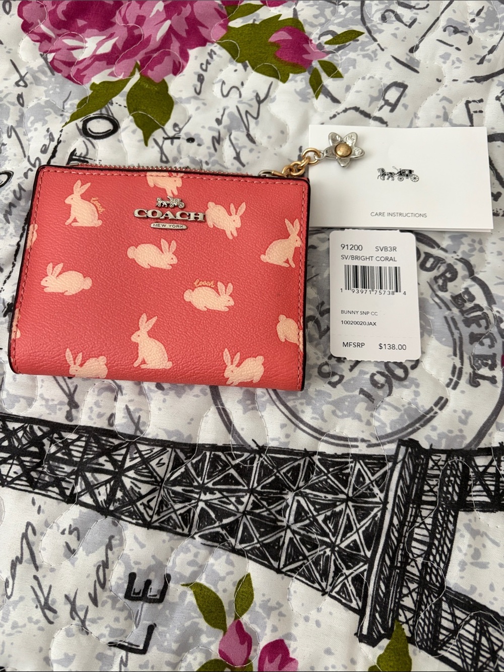 COACH Bright Coral Bunny Zip Card Case with Charm